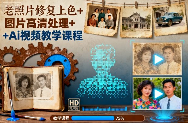 老照片修复上色+图片高清处理+Ai视频教学课程-百盟网