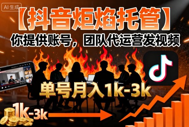 【抖音炬焰托管】你提供账号，团队代运营发视频，单号月入1k+【揭秘】-百盟网