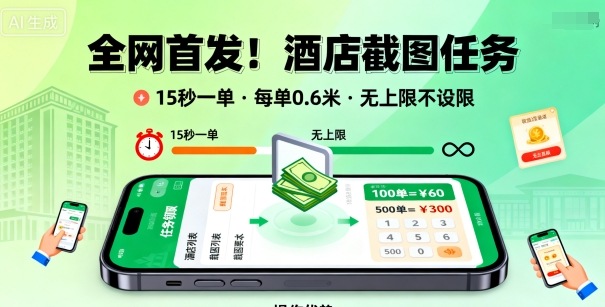 全网首发！酒店截图任务，15秒一单，每单0.6米，任务无上限不设限，矩阵操作单日3张到手【揭秘】-百盟网