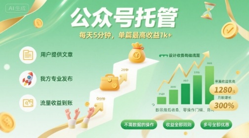 【公众号托管 】我提供文章，你发布，每天5分钟，单篇最高收益1k+【揭秘】-百盟网