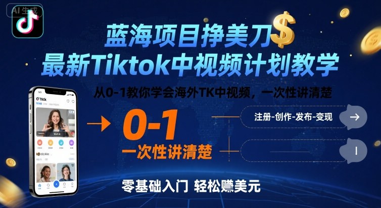 蓝海项目挣美刀，最新Tiktok中视频计划教学，从0-1教你学会海外TK中视频，一次性讲清楚-百盟网
