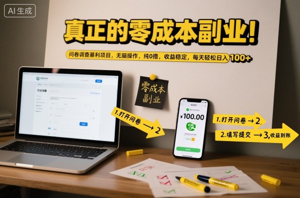 真正的零成本副业！问卷调查暴利项目，无脑操作，纯0撸，收益稳定，每天轻松日入100+【揭秘】-百盟网