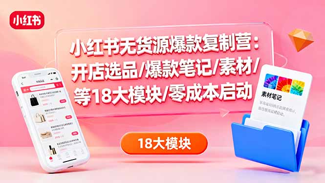 小红书无货源爆款复制营：开店选品/爆款笔记/素材/等18大模块/零成本启动-百盟网