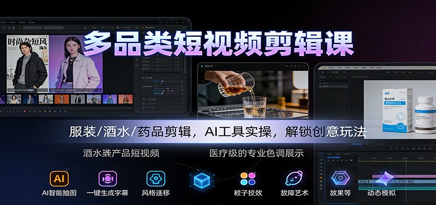 多品类短视频剪辑课:服装/酒水/药品剪辑,AI工具实操,解锁创意玩法-百盟网