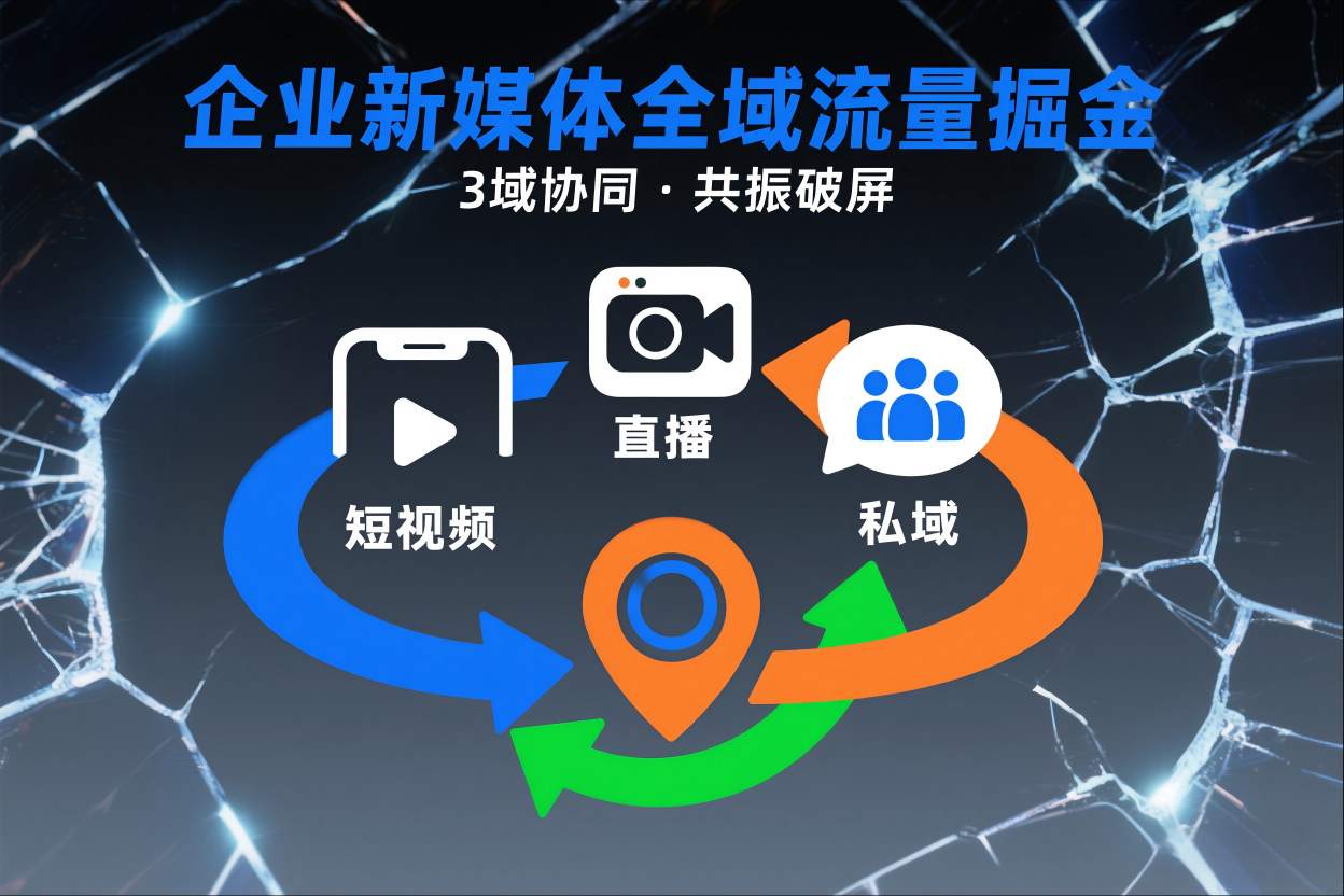 短视频全域商业模式，企业新媒体全域流量掘金，3域协同，共振破屏，短视频-直播-私域-地域-百盟网