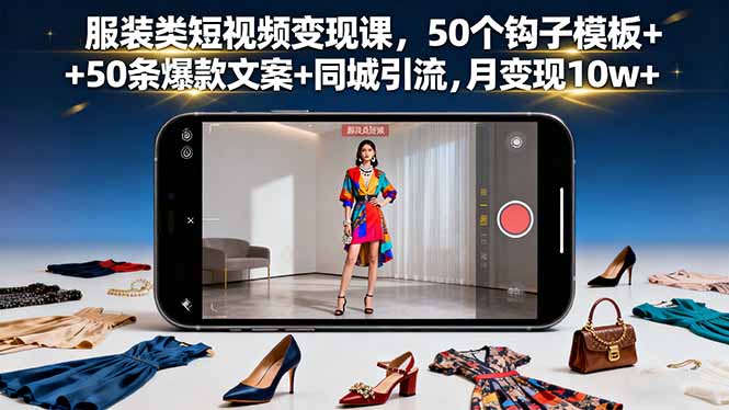 服装类短视频变现课，50个钩子模板+50条爆款文案+同城引流，月变现10w+-百盟网