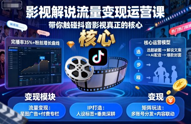 影视解说流量变现运营课，带你触碰抖音影视真正的核心-百盟网