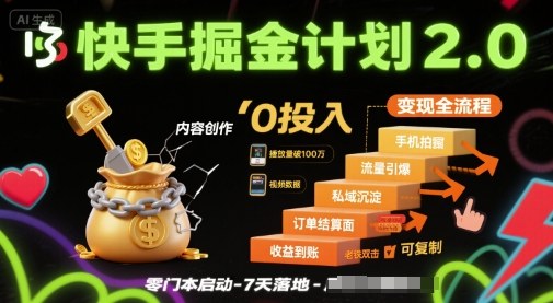 快手掘金计划2.0，快手电商变现全流程，简单可复制，0投入-百盟网