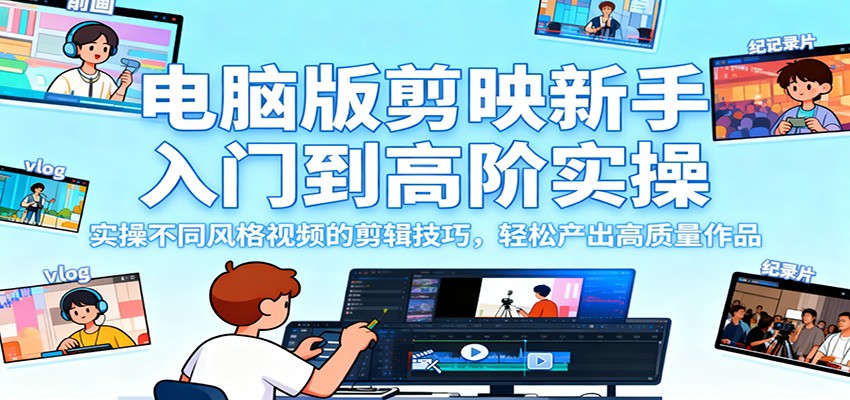 电脑版剪映新手入门到高阶实操，实操不同风格视频的剪辑技巧，轻松产出高质量作品-百盟网