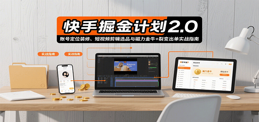 快手掘金计划2.0，账号定位装修、短视频剪辑选品与磁力金牛+裂变出单实战指南-百盟网