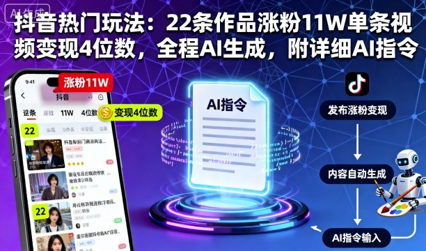 抖音热门玩法：22条作品涨粉11W单条视频变现4位数，全程AI生成，附详细AI指令-百盟网