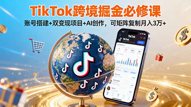 TikTo跨境掘金必修课，账号搭建+双变现项目+AI创作，可矩阵复制月入3万+-百盟网