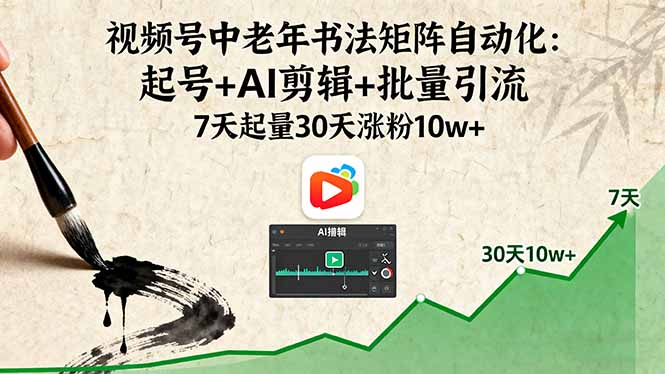 视频号中老年书法矩阵自动化：起号+AI剪辑+批量引流 7天起量30天涨粉10w+-百盟网