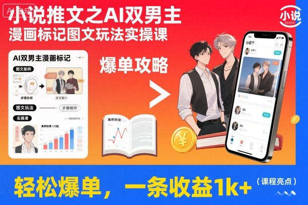 小说推文之AI双男主漫画标记图文玩法实操课,轻松爆单,一条收益1k+-百盟网