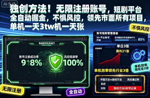 独创方法！无限注册账号，短剧平台全自动掘金，不惧风控，领先市面所有项目，单机一天3张【揭秘】-百盟网