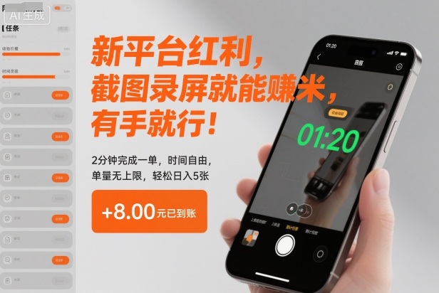 新平台红利，截图录屏就能賺米，有手就行！2分钟完成一单，时间自由，单量无上限，轻松日入5张【揭秘】-百盟网