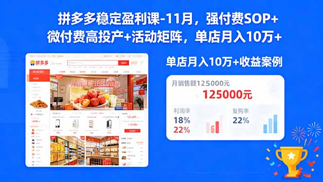 拼多多稳定盈利课-11月，强付费SOP+微付费高投产+活动矩阵，单店月入10万+-百盟网