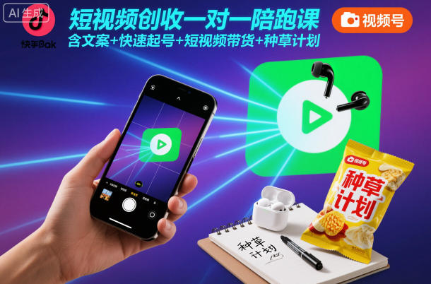 短视频创收一对一陪跑课，含文案+快速起号+短视频带货+种草计划-百盟网