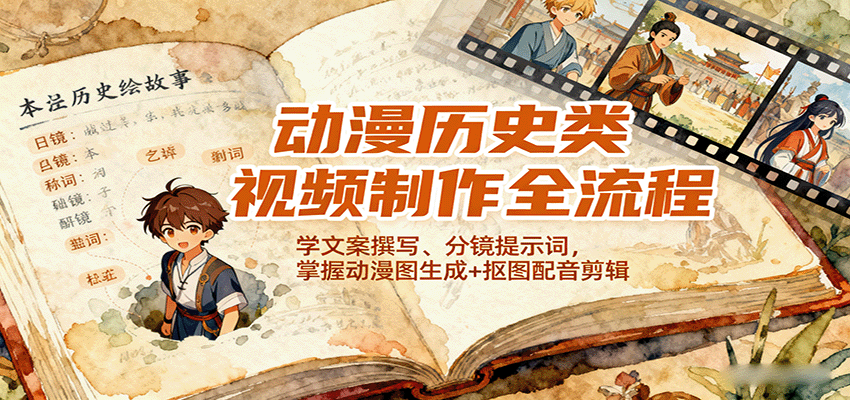 图片[1]-动漫历史类视频制作全流程，学文案撰写、分镜提示词，掌握动漫图生成+抠图配音剪辑-百盟网